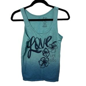 Life is Good Blue Tank Top With Flowers Size Small
